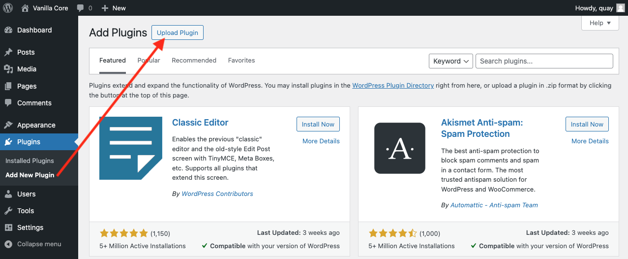 image of the WordPress Add New Plugin screen with the Upload Plugin button highlighted at the top of the page